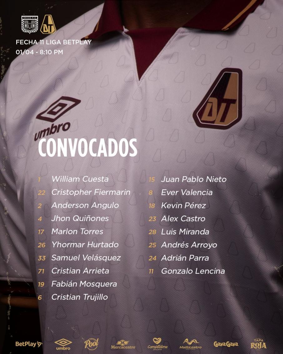 Los concentrados del Deportes Tolima para el partido de hoy con Boyacá Chicó
